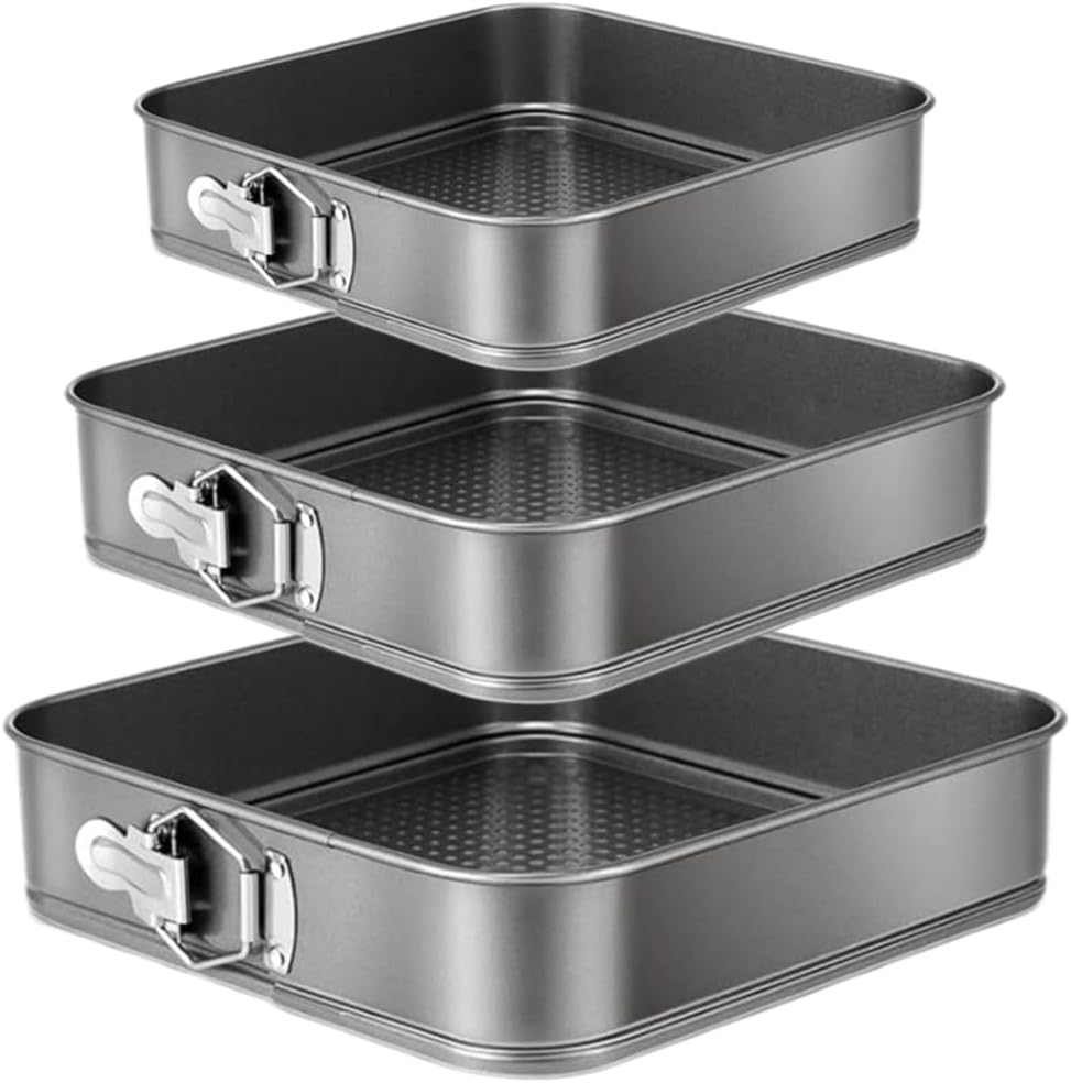 Springform Cake Pan Set of 3 (9.5, 10, 11 Inch) Square Baking Pans Nonstick Cheesecake Pans with Removable Bottom Bakeware for Cake, Cheesecakes, Pizza, and Quiches