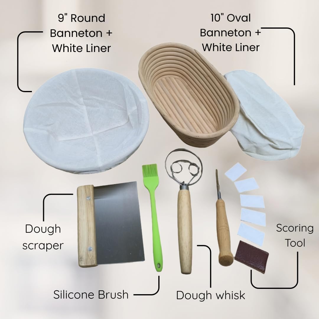 Sourdough Kit – Bread Making Kit with 9" Round & 10" Oval Banneton Bread Proofing Baskets, Dough Whisk, Scoring Tool, Metal Scraper, Silicone Brush, Liners – Sourdough Bread Baking Supplies Set