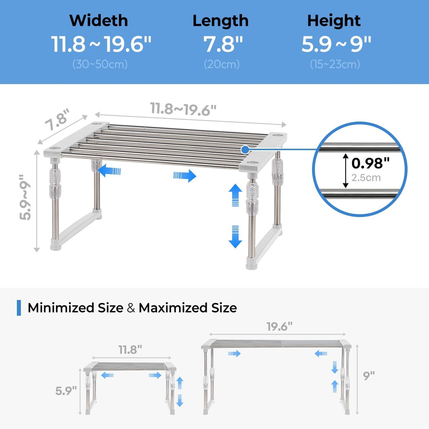 carrotez 2 Pack Expandable Cabinet Organizer, Set of 1 Width & Height-Adjustable Kitchen Cabinet Organizer Shelf, Stackable Kitchen Counter Shelf, 11.8~19.6 x 7.8 x 5.9~9" White