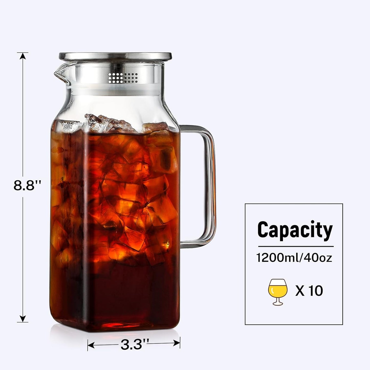 40 oz,1.2Liter Square Glass Pitcher with Lid and Spout, Breast Milk Pitcher with Handle for Fridge, Borosilicate Glass Carafe for Hot/Cold Drink, Small Jug for Iced Tea, Coffee,Water Storage Container