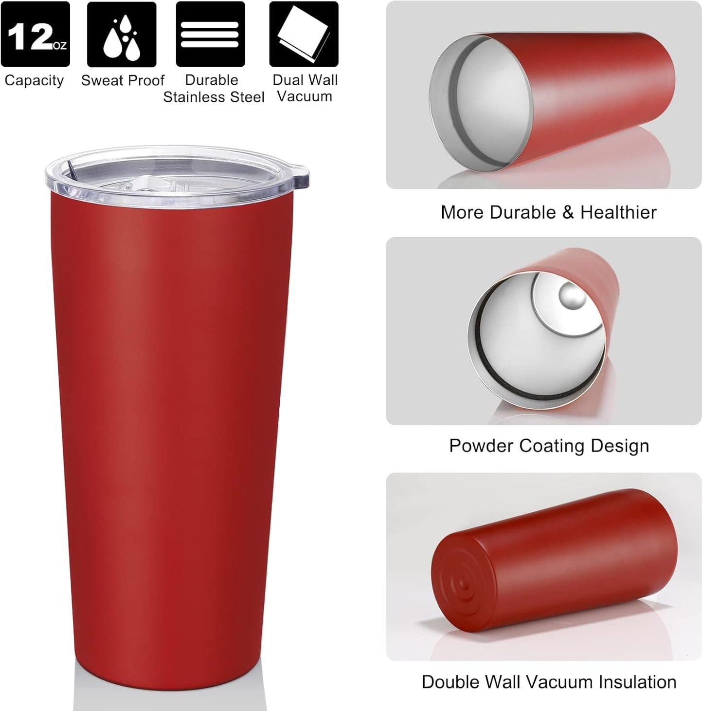 VEGOND 20oz Tumbler Bulk with Lid and Straw 12 Pack, Stainless Steel Vacuum Insulated Tumbler, Double Wall Coffee Cup Travel Mug, Red