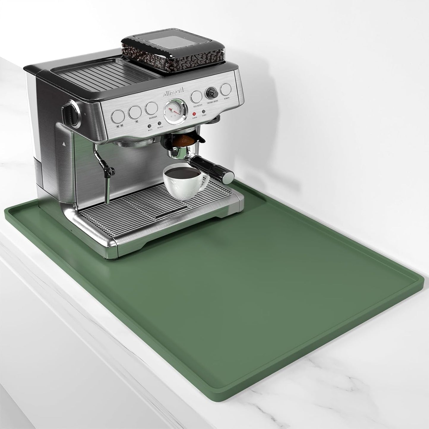 Rnivvi Silicone Coffee Mat, 16" x 24" Waterproof Raised Edge Coffee Bar Mats for Espresso Machine Station Accessories, Heat Resistant Dish Drying Pad for Kitchen Counter, Rubber Bar Decor Pad, Green