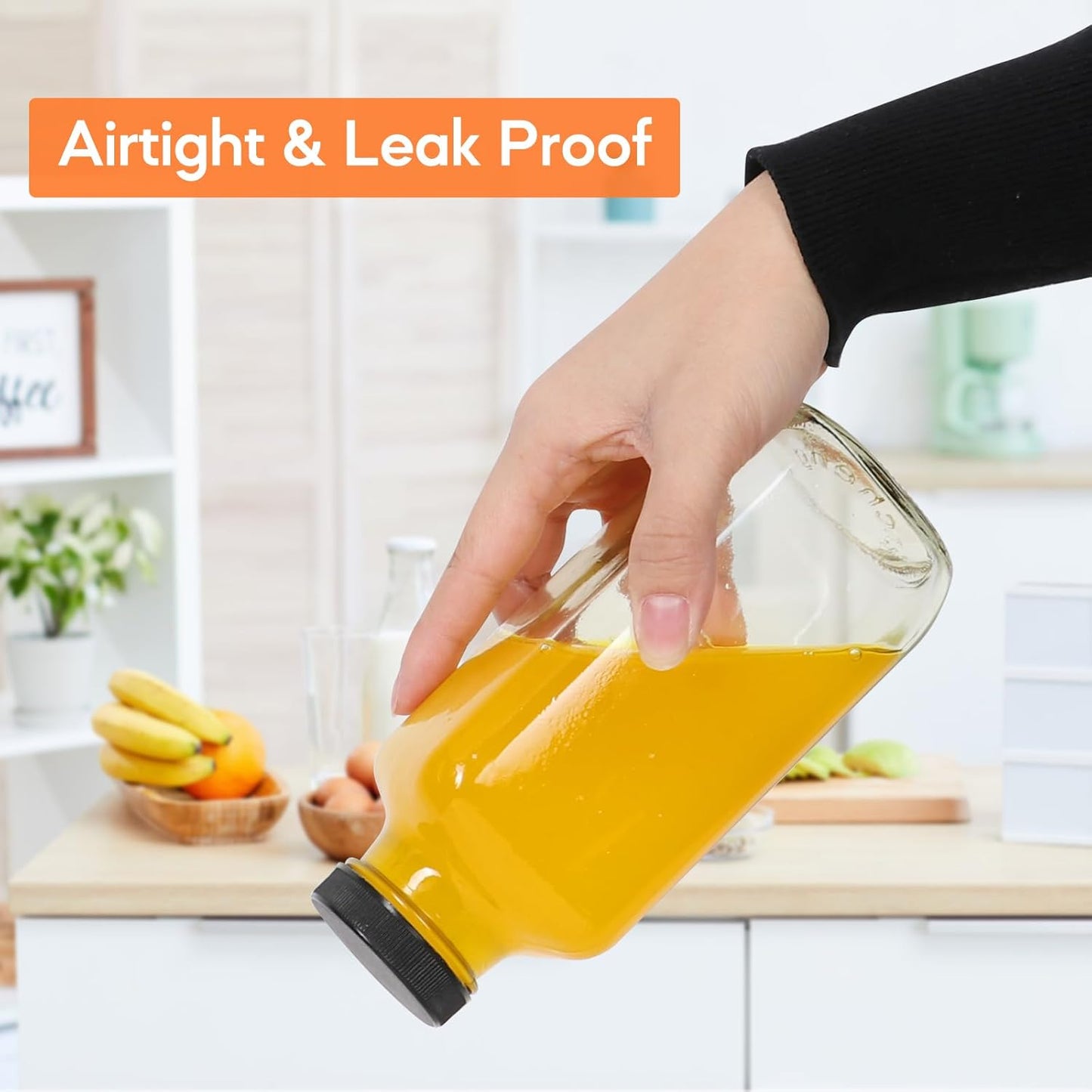 STARSIDE 16 oz Glass Juice Bottles with Lids 3 Pack - Square Reusable Drinking Jars for Juicing, Milk, Kombucha - Includes 1 Bottle Brush, 6 Colored Labels