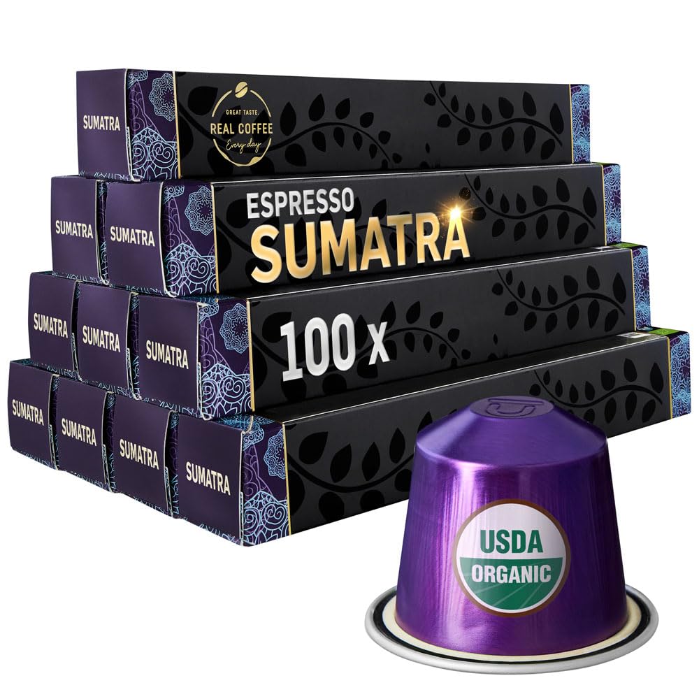 ‘Sumatra’ Organic Italian Espresso for Nespresso | 100 Organic Aluminum Capsules | Single-Origin Dark Roast | 100% Nespresso Compatible Pods | Fairtrade | Package May Vary
