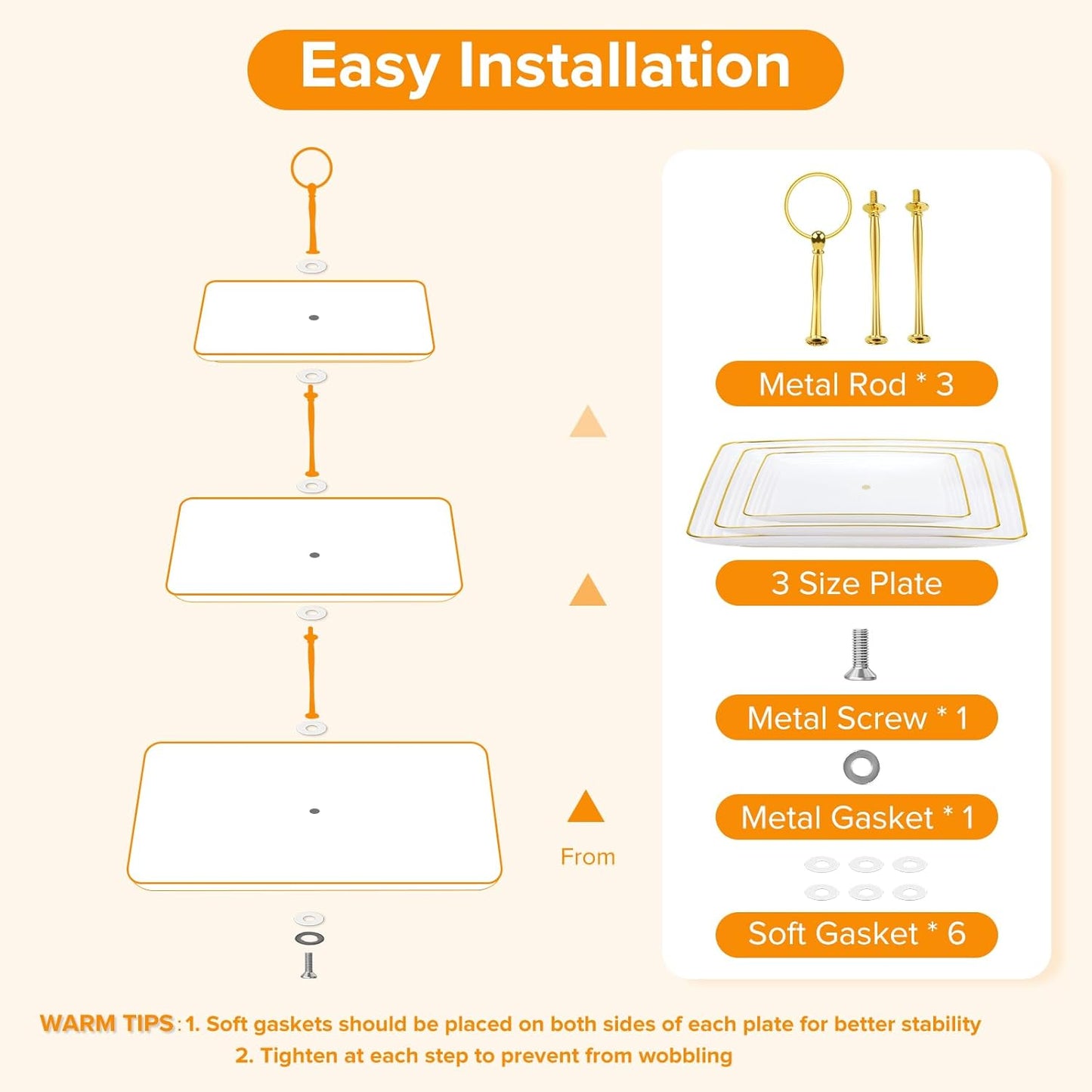Hoedia 3 Tier Cupcake Stand Tower, Plastic White Cup Cake Holder for Dessert stands, Tiered Serving Tray for Tea Party, Birthday Party, Wedding Decor and Baby Shower(Square)