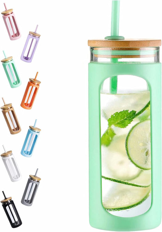 Kodrine 20oz Glass Tumbler with Straw and Lid, Iced Coffee Cups with Bamboo Lids, Glass Cups for Cold Drinks, Smoothie Cup with Silicone Sleeve for Travel, Work, BPA FREE-Light Green