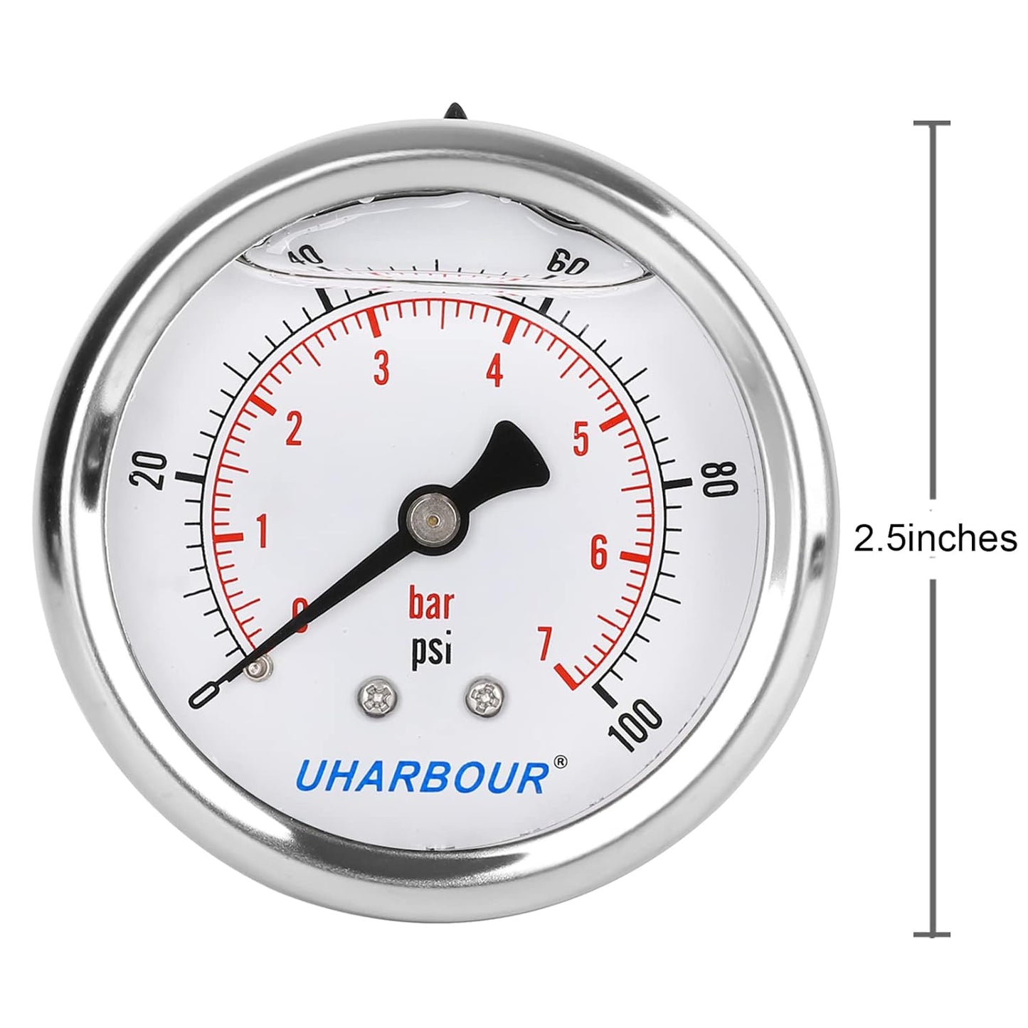 Glycerin Filled Pressure Gauge 100psi/7bar, Stainless Steel case, Brass Inside Construction, 2-1/2" dial, 1/4" NPT Back Connection.…