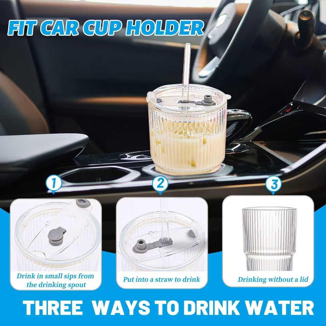 20 oz Glass Tumbler with Lid and Straw, Clear Ribbed Iced Coffee Cup, High Borosilicate Glass Tumbler, Reusable Vintage Glassware for Iced Coffee, Smoothies, Cocktails, and Juices