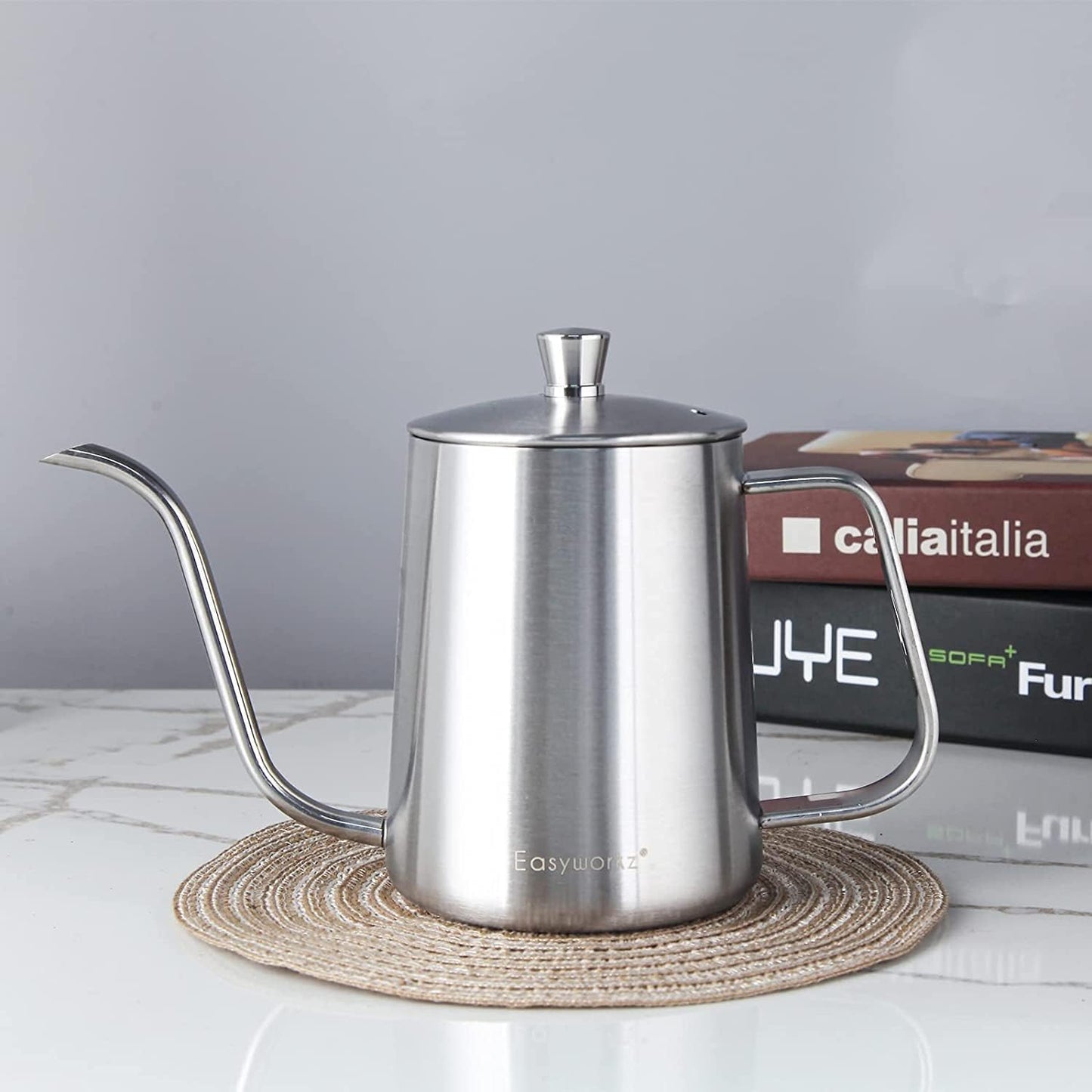 Easyworkz Gage Gooseneck Pour Over Coffee Kettle 20 oz with Thermometer Stainless Steel Hand Drip Coffee Pot With Long Narrow Spout, Silver