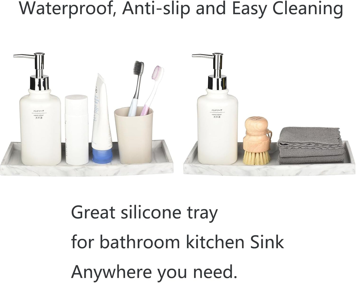 DNC 2PC 7.9" Small Silicone Bathroom Tray for Counter, Vanity Tray for Countertop, Kitchen Sink Soap Tray for Dish Holder Dispenser Toilet Tank Desk Organizer Marble White