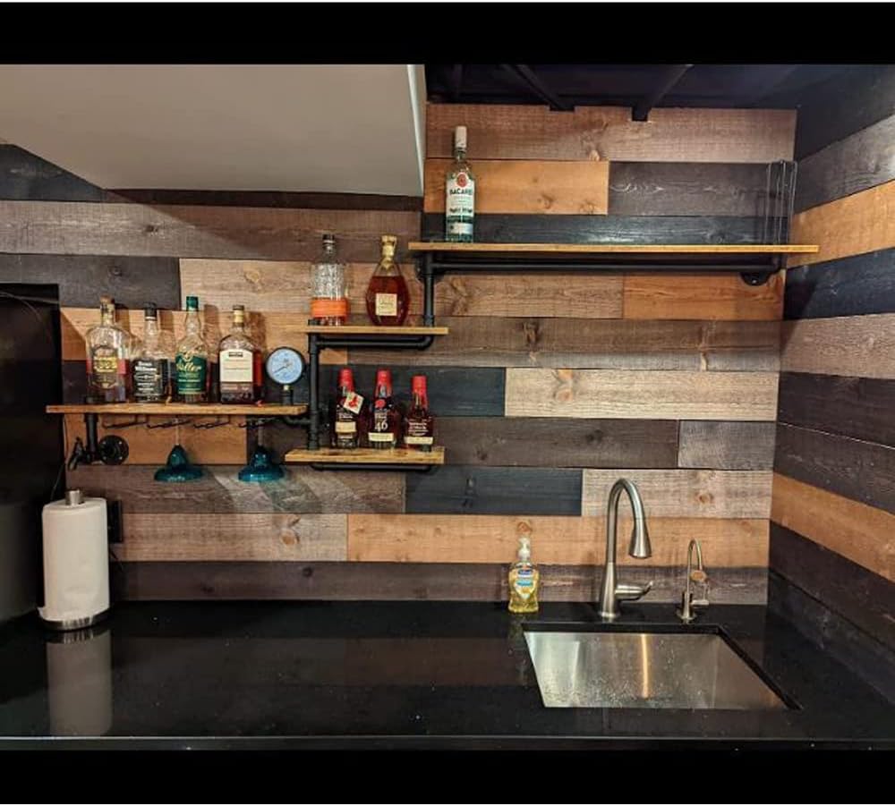 Industrial Pipe Shelves Wine Rack Wall Mounted with 4 Stem Glass Holder,Bar Shelves 39in Metal Hanging Wine Rack, Rustic Floating Pipe Shelf, Living Room Kitchen Decor Display Rack