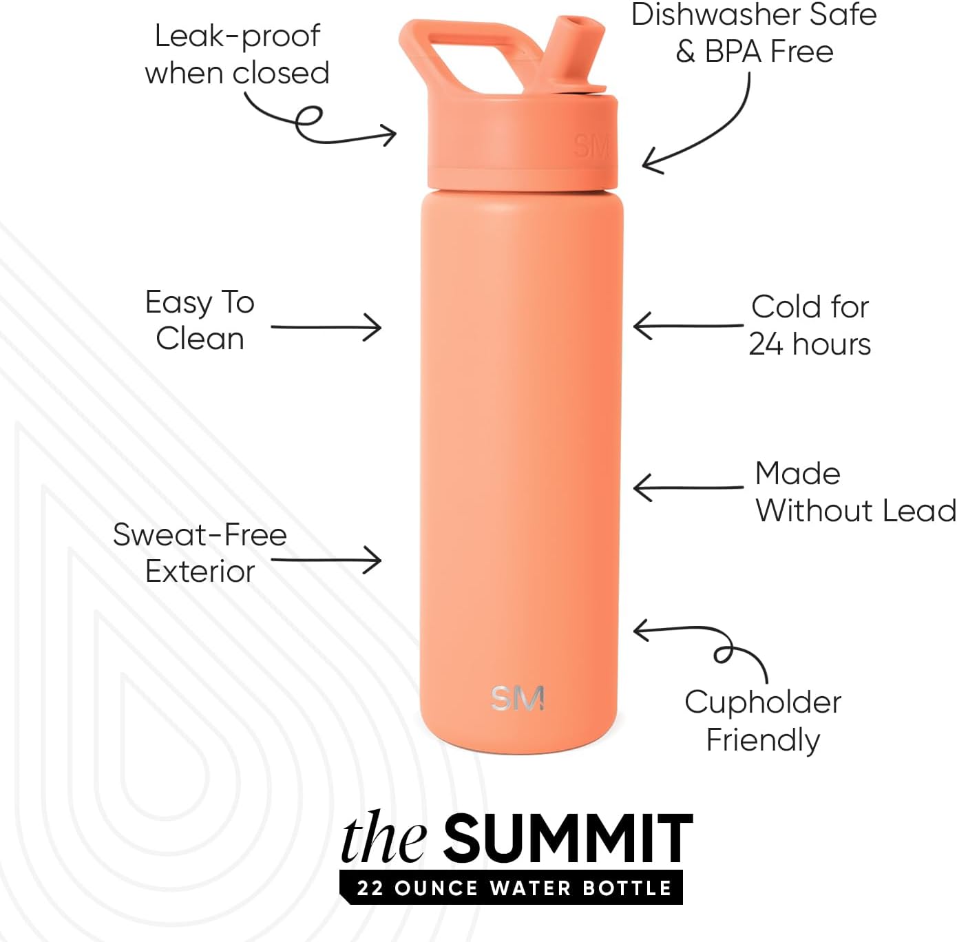 Simple Modern Water Bottle with Straw Lid | Vacuum Insulated Stainless Steel Metal | Reusable Leak Proof BPA-Free Cup for School | Summit Collection | 22oz, Clementine