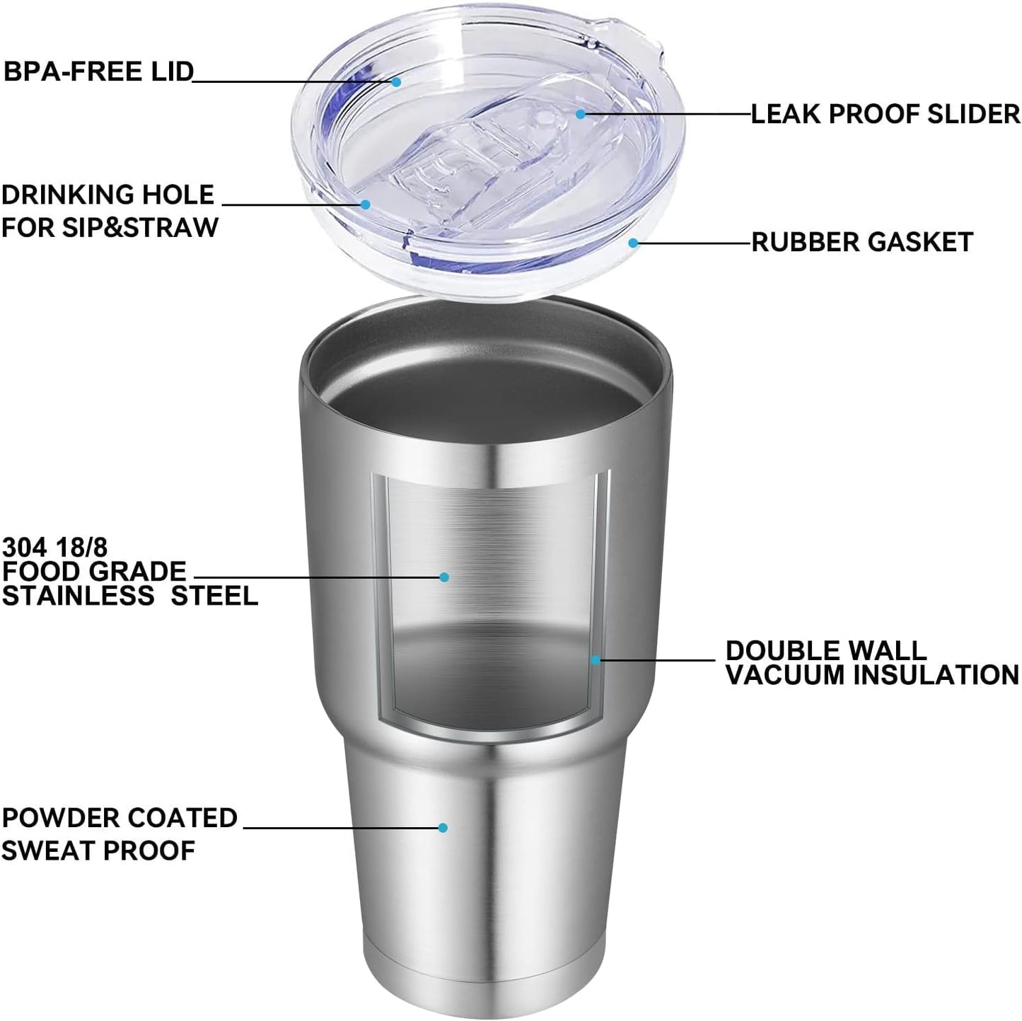 DOMICARE 30 oz Tumbler with Lid and Straw, Stainless Steel Tumblers Bulk, Insulated Vacuum Double Wall Travel Coffee Mug, Durable Powder Coated Tumbler Cups (Stainless Steel, 4)