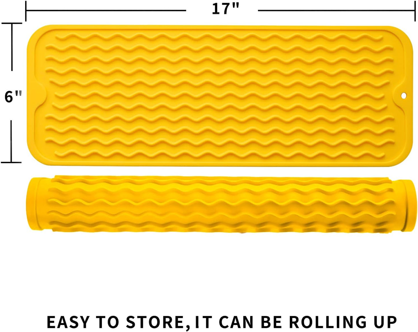 Silicone Dish Drying Mat for Multiple Usage,Easy clean,Eco-friendly,Heat-resistant Silicone Mat for Kitchen Counter,Sink,Bar,Bottle,or Cup Yellow M 17 inches x 6 inches