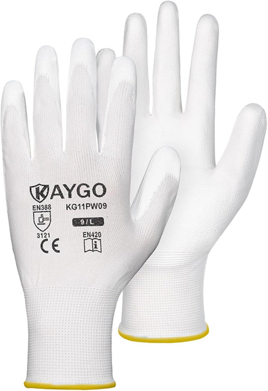 KAYGO Safety Work Gloves PU Coated,60 Pairs KG11P Seamless Knit Glove with Polyurethane Coated Smooth Grip on Palm & Fingers for Men and Women (M, White)