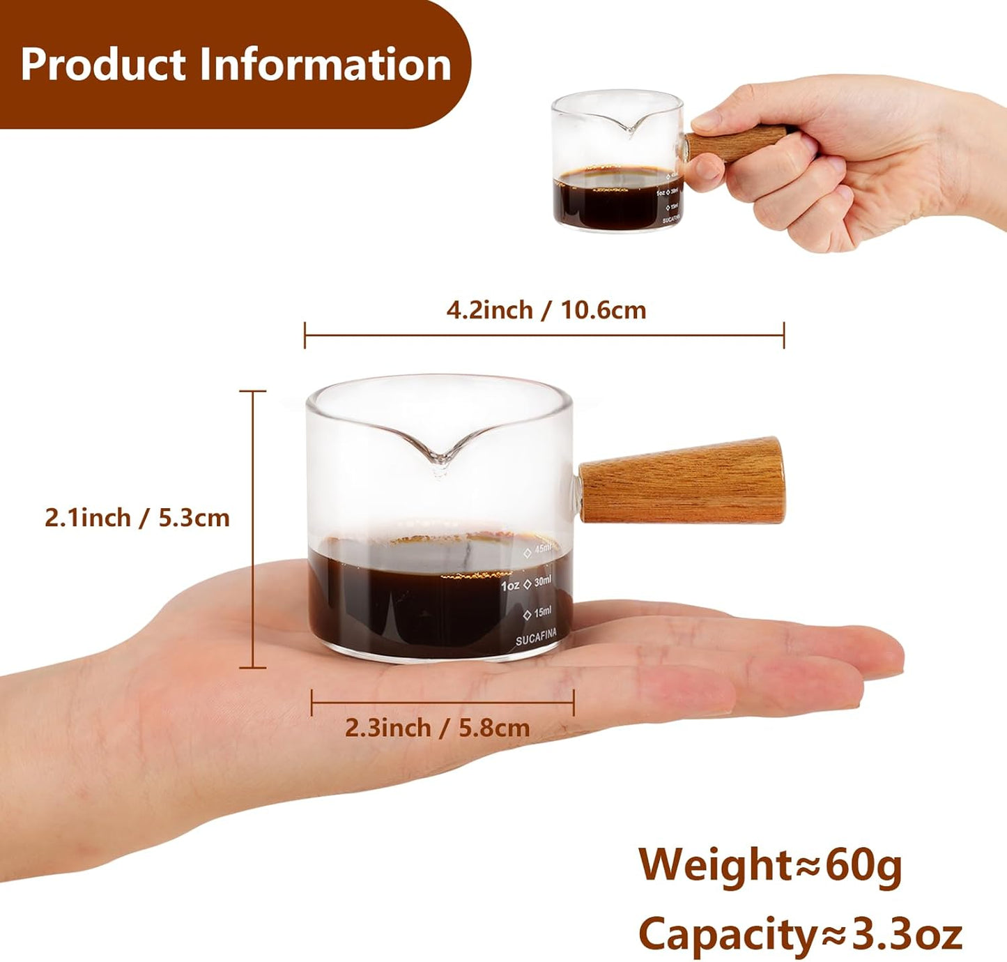 YARRAMATE 3oz Espresso Shots Cup with Wood Handle (2 Pack), Clear Glass Espresso Machine Accessories, Espresso Measuring Cup with Dual Scale, Espresso Shot Glass with Single Spout