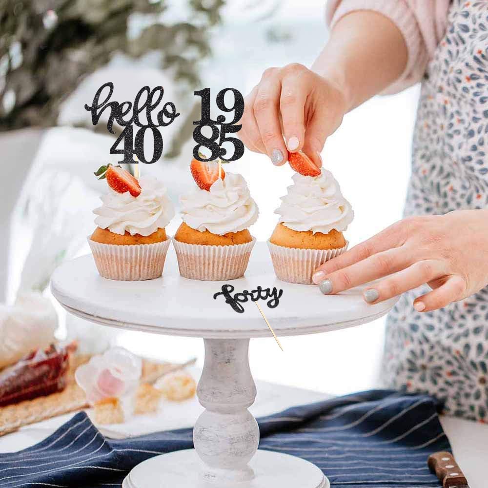 Black Glitter 40th Birthday Cupcake Toppers 40th Birthday Celebrating Party Decorations - Set of 24
