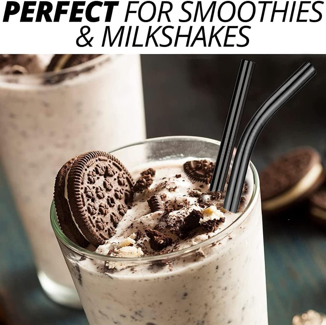 Vinaco Reusable Smoothie Straws & Milkshake Straws 0.4" Wide Mouth Straw, Set of 6 Stainless Steel Straws 8.5"&10.5" with 1 Long Straw Cleaner Brush，Black Metal Straws for Jumbo Thicker Drinks