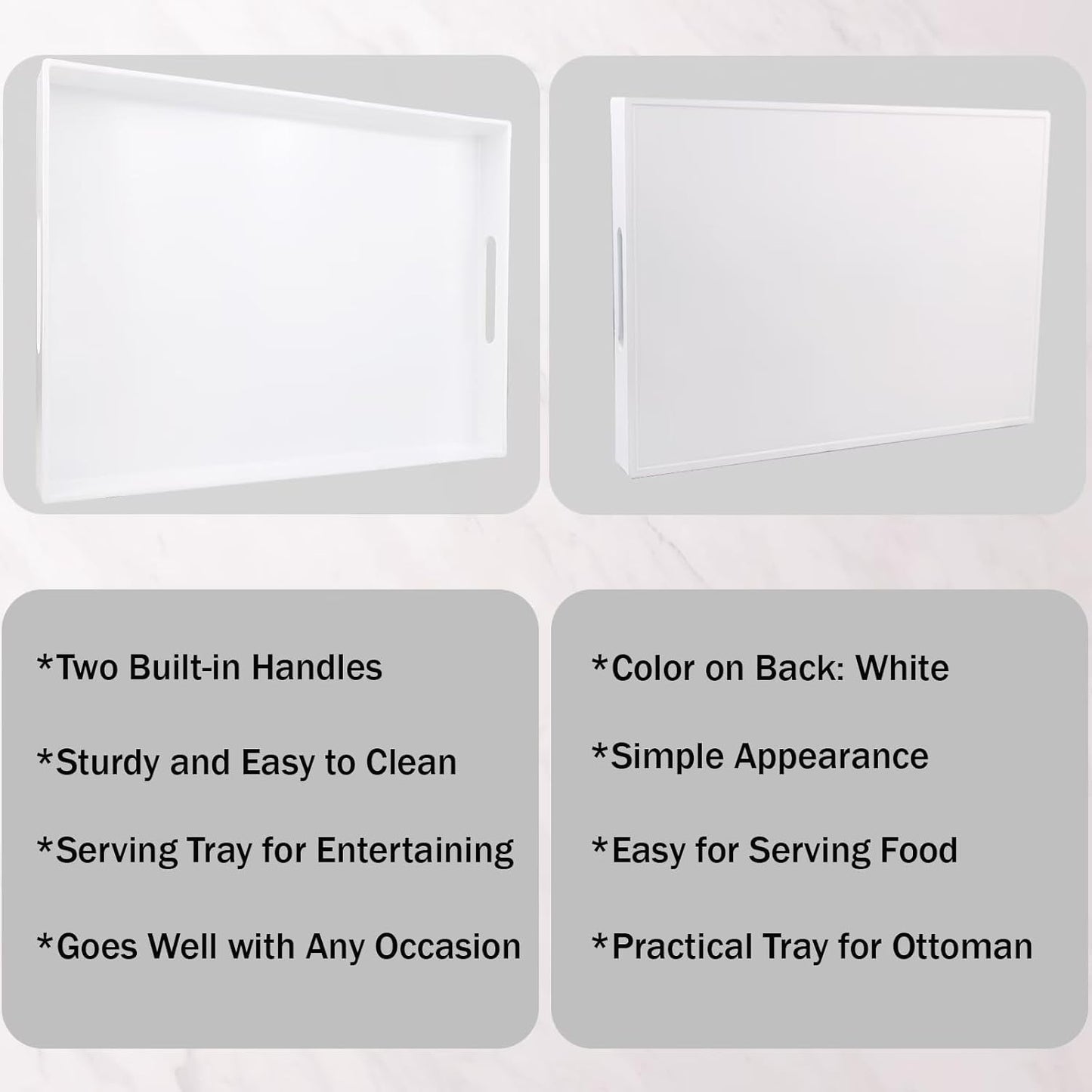 White Serving Tray for Coffee Table, Rectangular Plastic Decorative Tray with Handles for Entertaining, Outdoor Patio, Living Room, Ottoman, Bathroom Counter, 11.8”*15.7”*1.6”