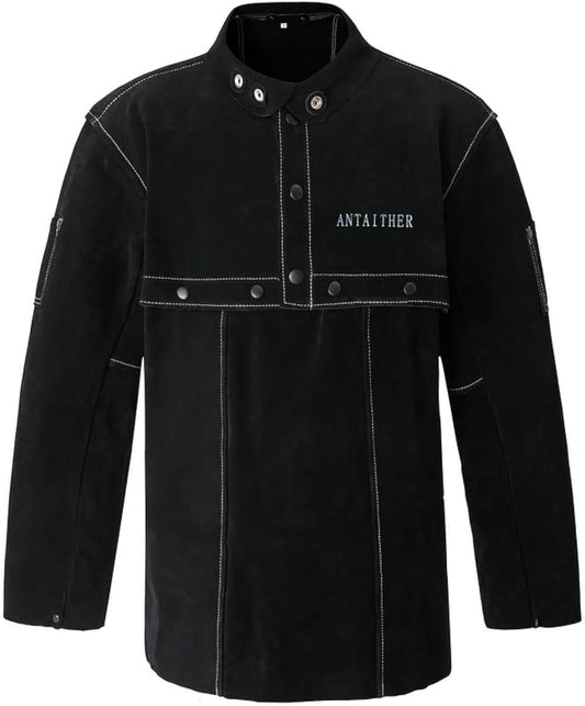 ANTAITHER Leather Welding Jacket with Open Back, Bib Apron with Cape Sleeve, Heat Flame Resistant Welder Coat