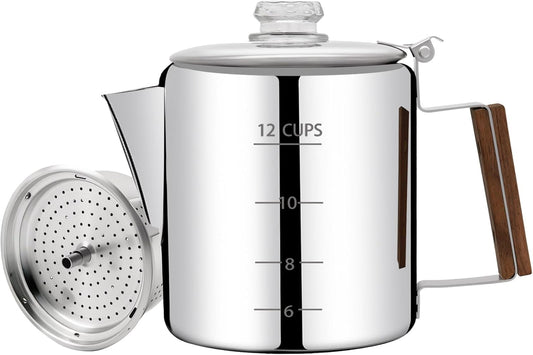 No Coating 12 Cup Percolator Coffee Pot 304 Stainless Steel Moka Pot Stovetop Espresso Maker Italian Greca Cuban Machine 2200ml 74.4oz Suitable for Gas Induction Stovetop Camping Kettle