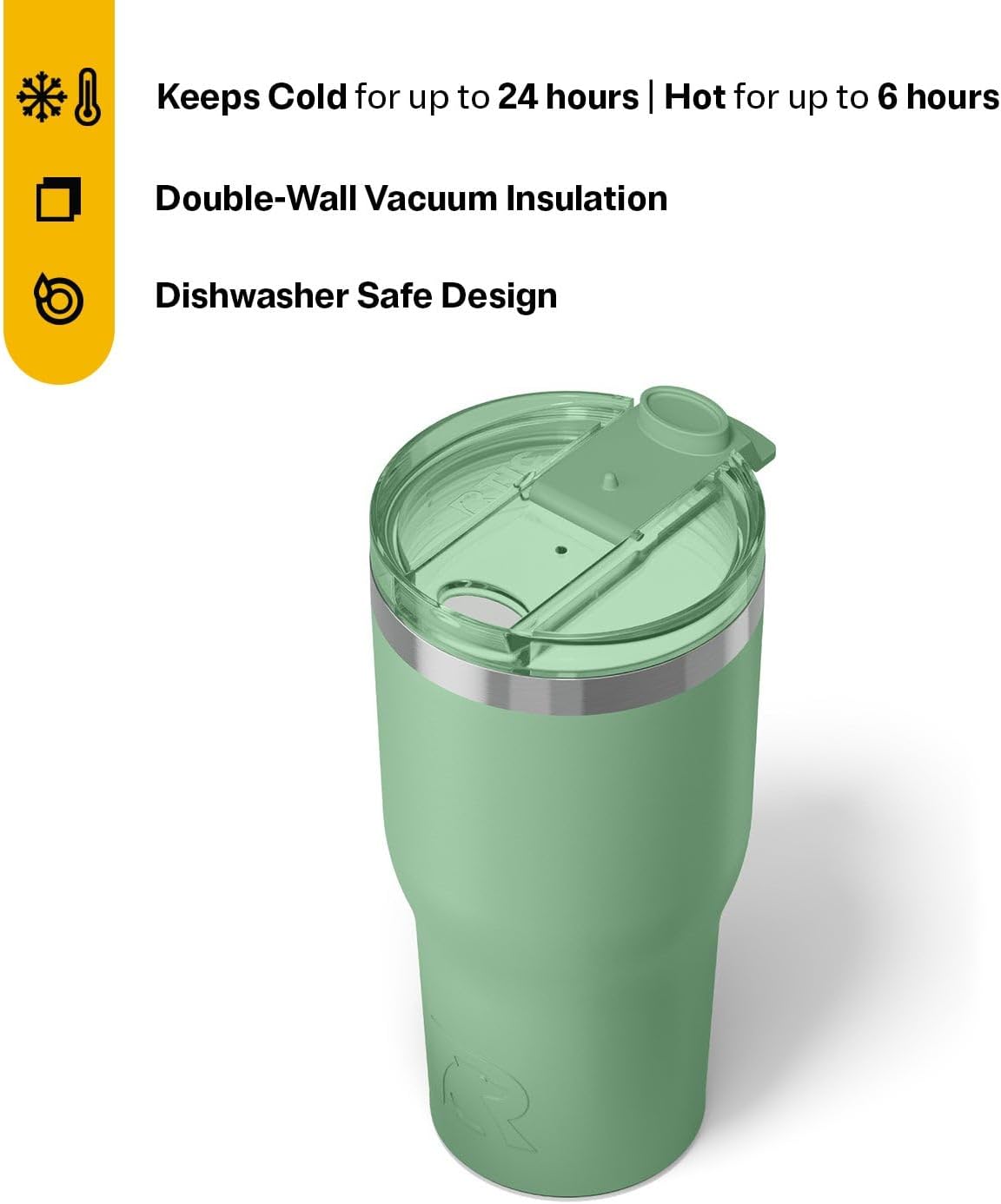 RTIC 30oz Essential Tumbler with Lid, Insulated, Stainless Steel, Metal, Double Wall Vacuum-Insulation, Ceramic Lined, Travel Cup for Iced Coffee, Tea, Hot and Cold Drink, Sage