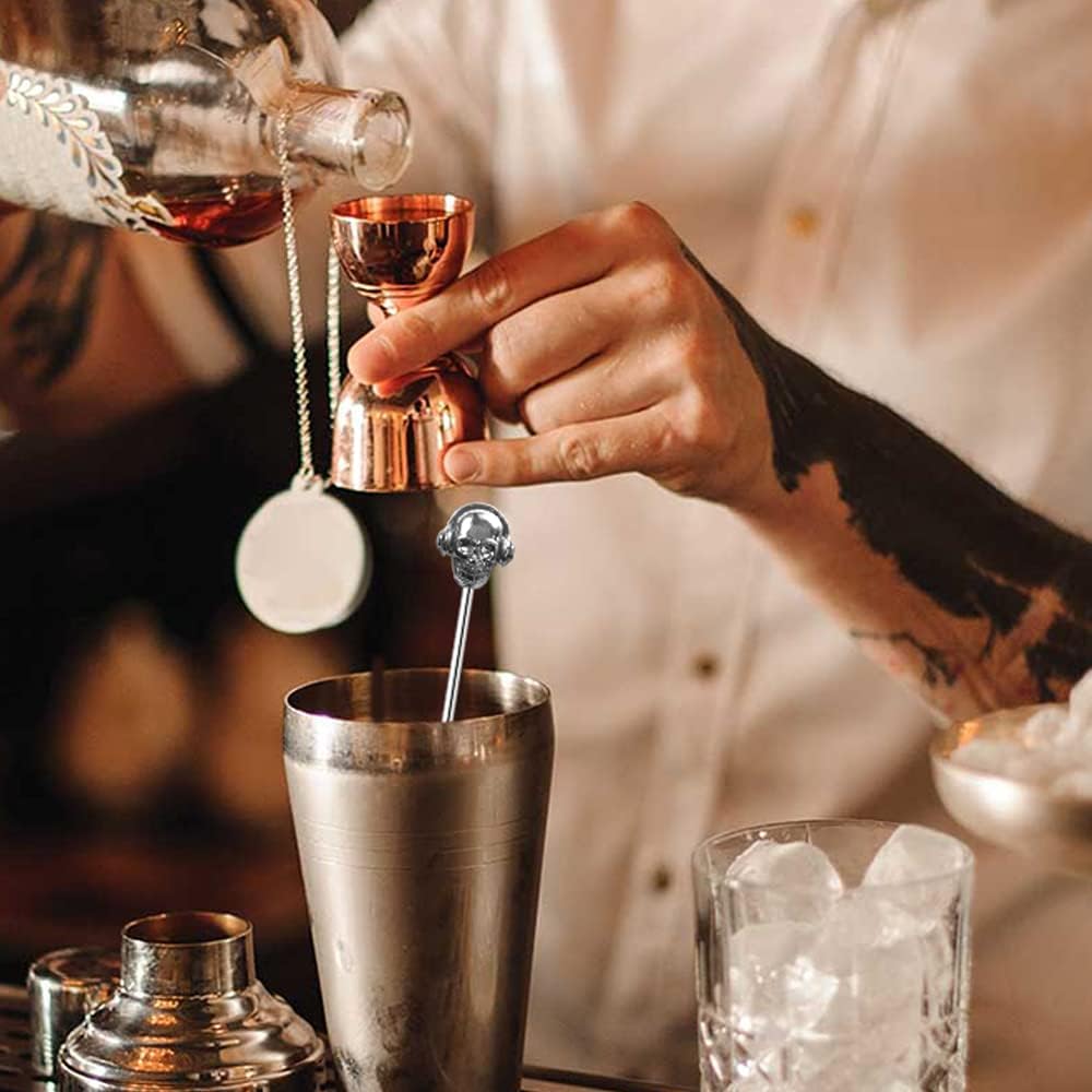 Skull Shape Swizzle Sticks, Reusable Stainless Steel Coffee Beverage Stirrers Cocktail, 5-Pack Drink Stir Sticks for Bar Party Home Office (Silver)