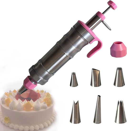 Dessert Decorating Piping Syringe Set Cake Decorating Tool Cookie Gun Press,Icing Decoration Gun,Frosting Piping Kit 6 Piping Icing Nozzles for Baking,Decorating Cupcake,Deviled Eggs (Silver & Pink)