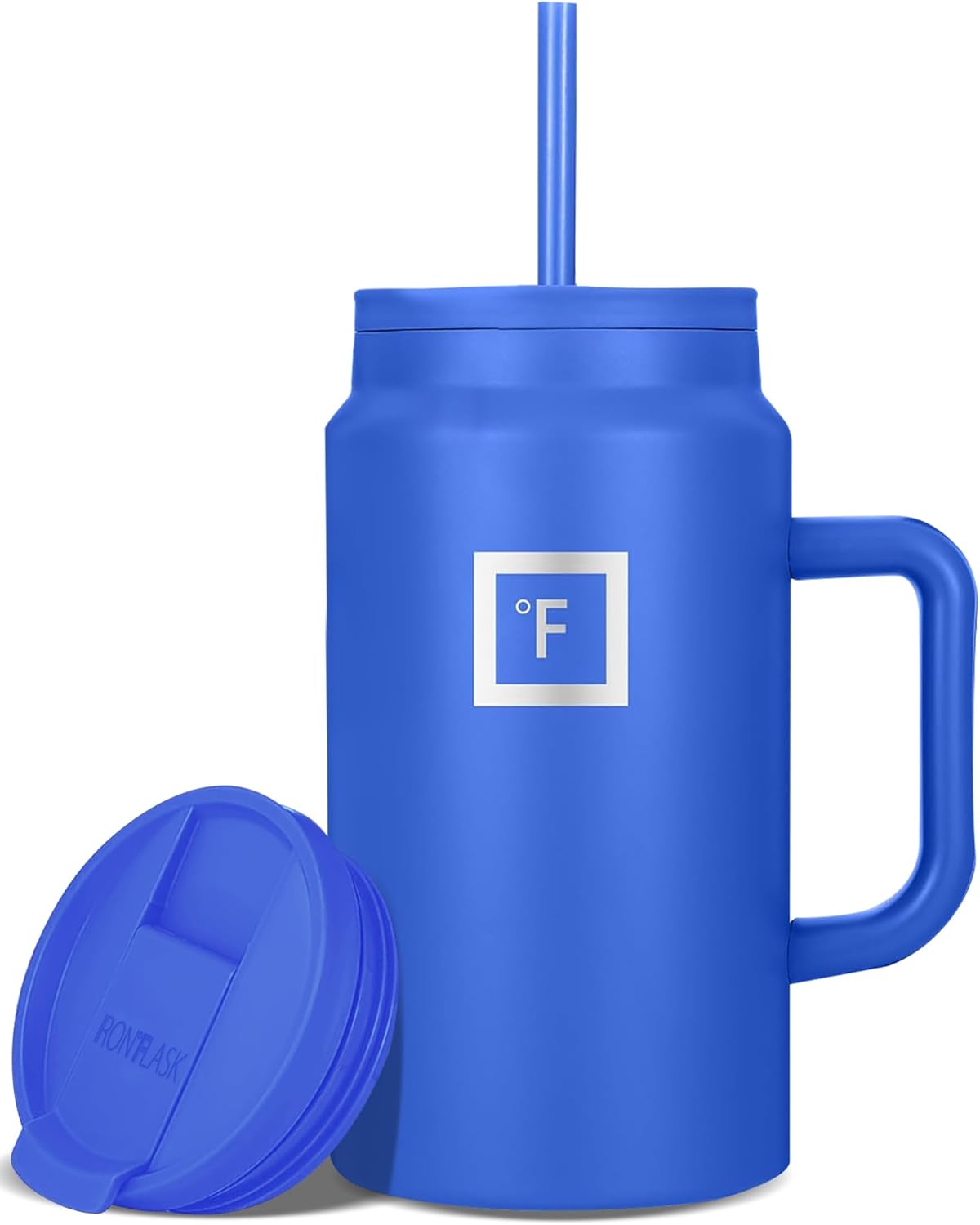IRON °FLASK Co-Pilot Insulated Mug w/Straw & Flip Cap Lids - Cup Holder Bottle for Hot, Cold Drink - Leak-Proof - Water, Coffee Portable Travel Mug - Cobalt Blue, 50 Oz