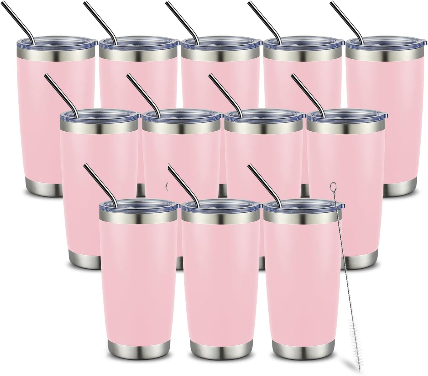 COMOOO 20oz Double Wall Vacuum Insulated Travel Mug Stainless Steel Tumbler with Lid and Straw Durable Powder Coated Insulated Coffee Cup for Cold & Hot Drinks (Pink, 12 pack