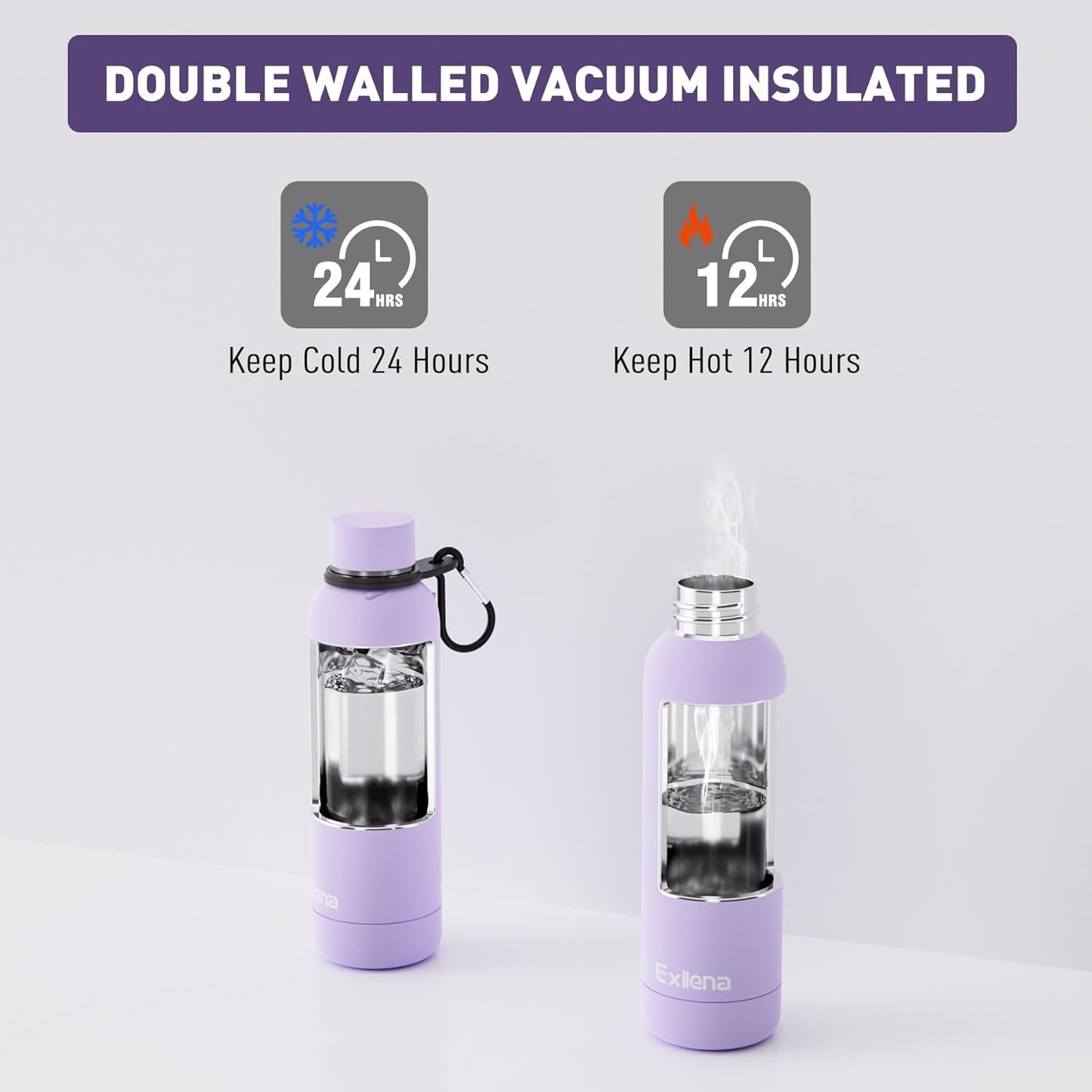 Slim Insulated Water Bottles for Travel 18oz with Clip, Double Wall Vacuum Stainless Steel Water Bottle Keeps Drinks Cold 24 Hrs/Hot 12 Hrs, 100% Leakproof, BPA Free(Purple)