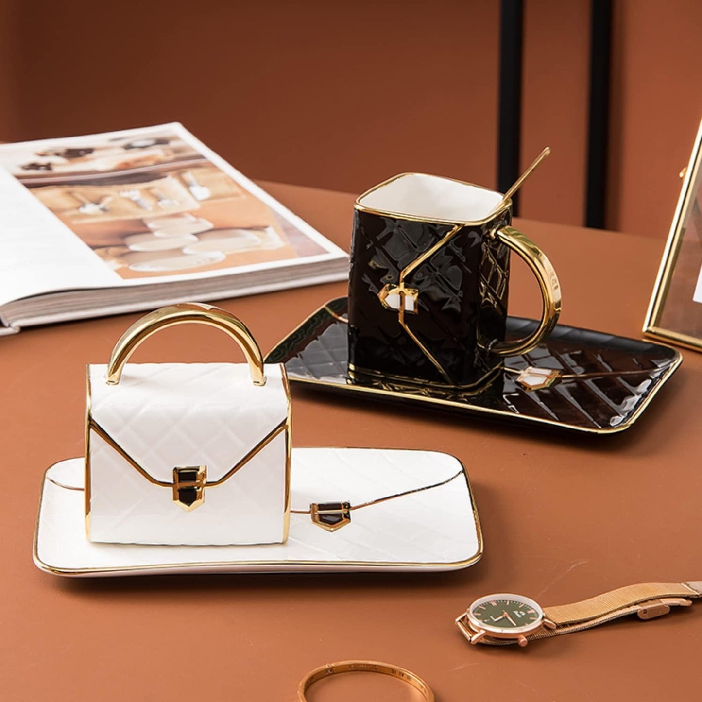 YnsfreeCeramic Purse Coffee Mugs Set Tea Cup Unique Bag shaped mug and Saucer Set with Spoon and Saucer For Women Thanksgiving Christmas Gifts (Black)