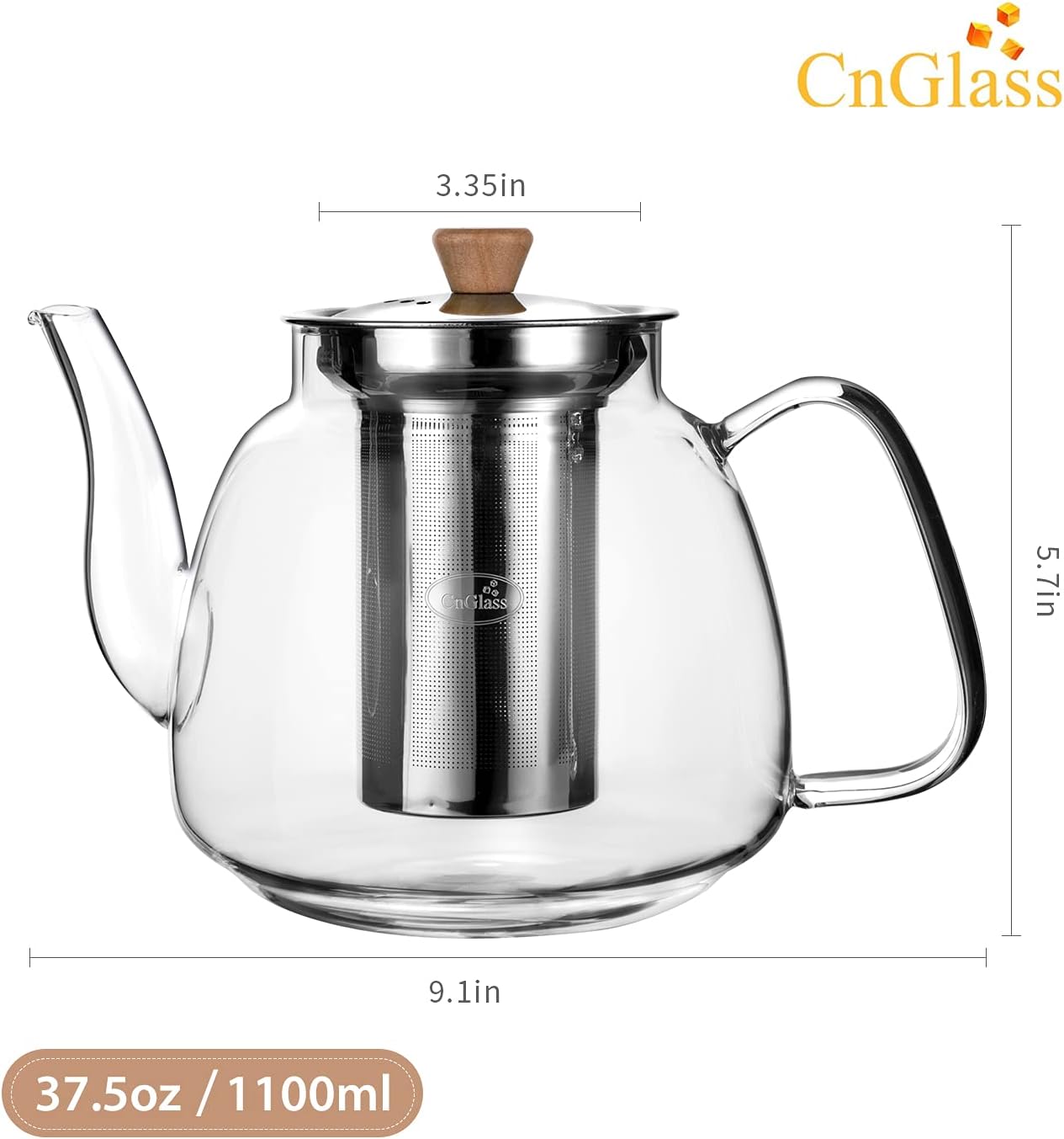 CNGLASS Glass Teapot with Removable Infuser 1100ml(37.5oz),Clear Tea Kettle Stovetop Safe,Blooming and Loose Leaf Tea Maker