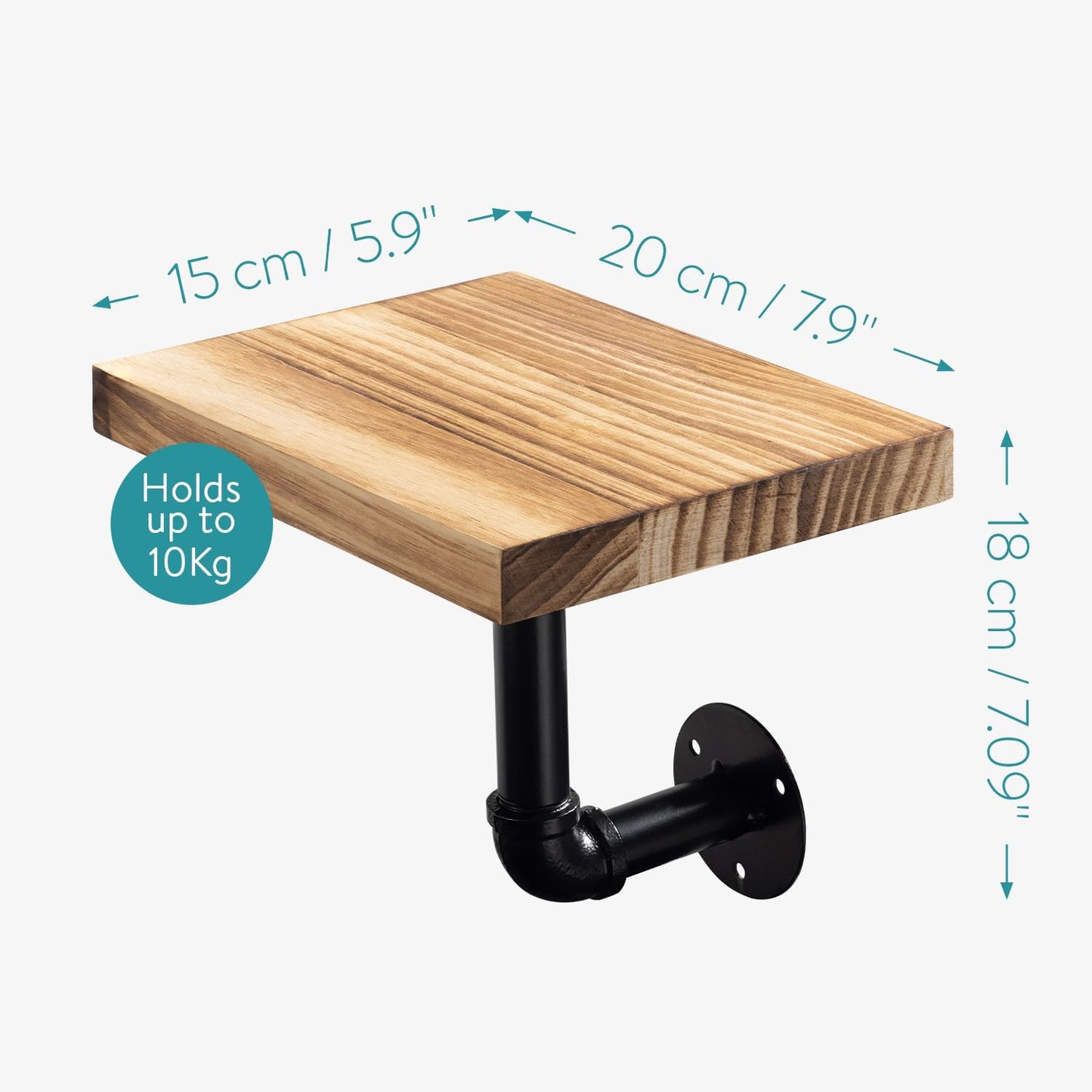 Navaris Industrial Pipe Shelf Set - 3 Small Wooden Shelves with Black Pipe Brackets - 5.9" x 7.9" Wall-Mounted Wood Shelving - Size S, Burnt Brown