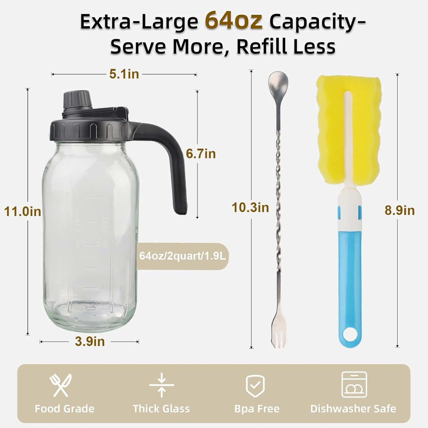 Glass Mason Jar Pitcher with Lid - 2 Quart (64 oz) Wide Mouth Water Jug, Set of 2 - BPA-free, Leak Proof - Sun & Iced Tea Pitcher, Cold Brew Coffee, Breast Milk Storage, Juice, Drink