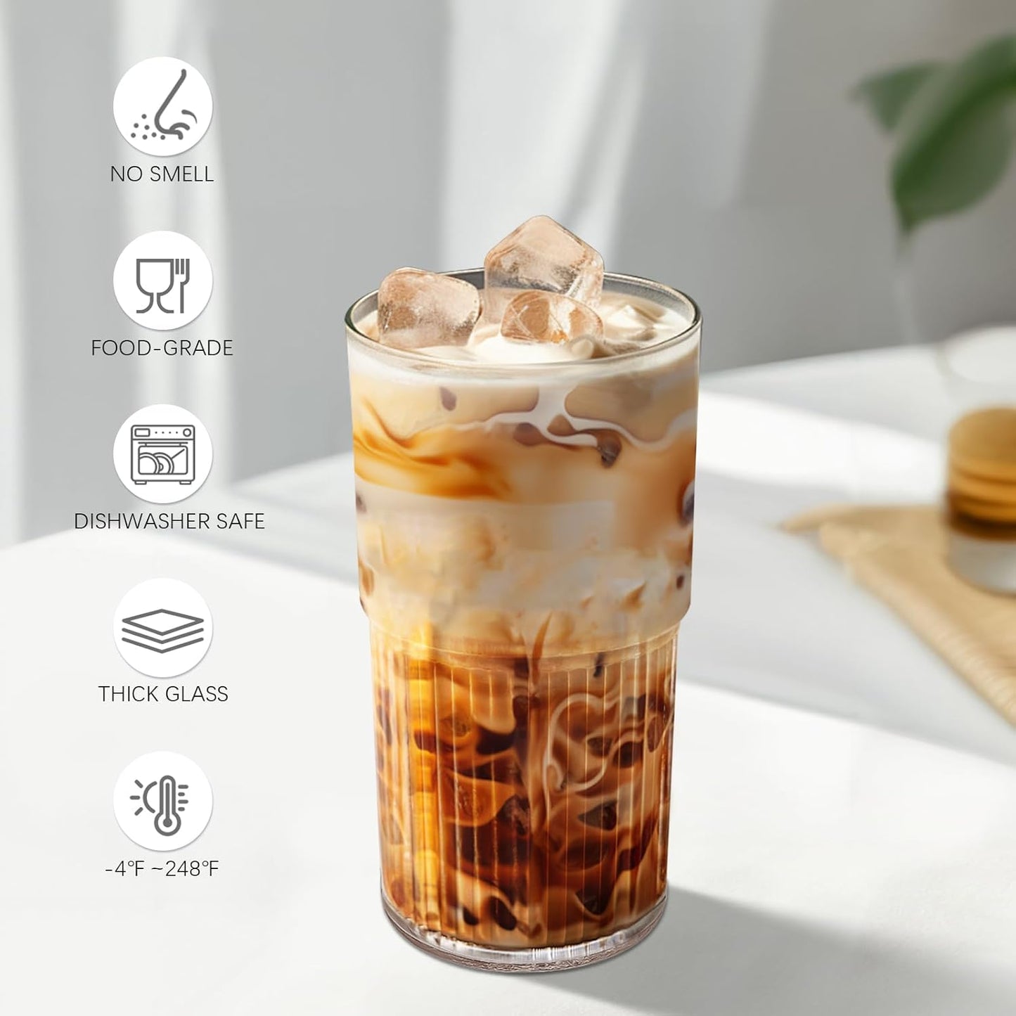 18.5oz Glass Cups with Lids and Straws - Set of 2 Reusable Tumblers, Thickened Shatter-Resistant Glass, Ideal for Iced Coffee, Smoothies, Cocktails, Juices - Elegant & Durable Drinkware