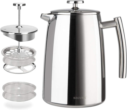 Secura French Press Coffee Maker, 34-Ounce, 304 Stainless Steel Insulated Coffee Press with Extra ScreenSecura French Press Coffee Maker, 34-Ounce, 304 Stainless Steel Insulated Coffee Press with Extra Screen