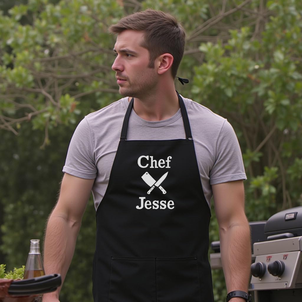 Personalized Chef Apron for Men, Custom Embroidered Design, Professional Kitchen Cooking BBQ Grilling for Dad, Decorated in USA