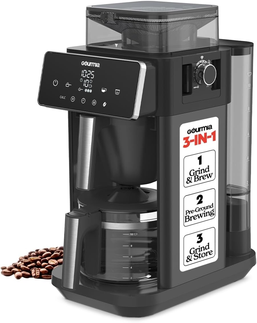 Gourmia 10-Cup Grind & Brew Coffee Maker – Built-in Adjustable Grinder, Programmable Digital Timer, 3 Brew Strengths, 4-Hour Keep-Warm, Auto Shut-Off, Pause & Serve, Glass Carafe, Stainless Steel