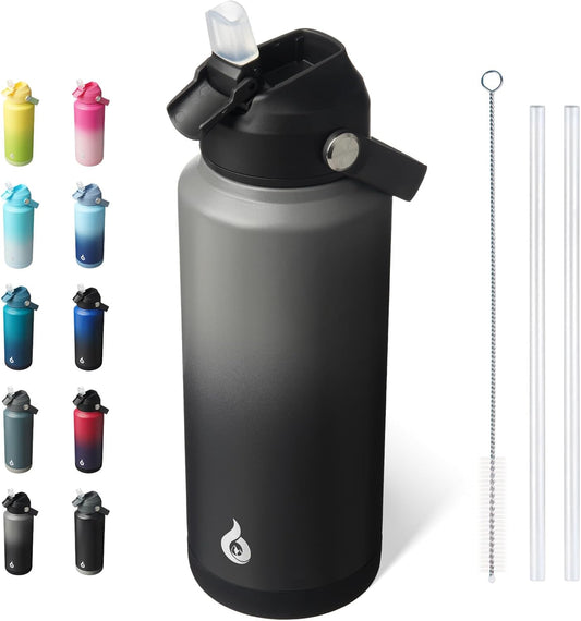 BJPKPK Water Bottle with Straw Lid, 32oz Vacuum Insulated Water Bottles, Metal Stainless Steel Thermos for Sports, Travel, BPA Free Leak Proof Thermos, Cups, Flasks, Tumblers,Black Grey