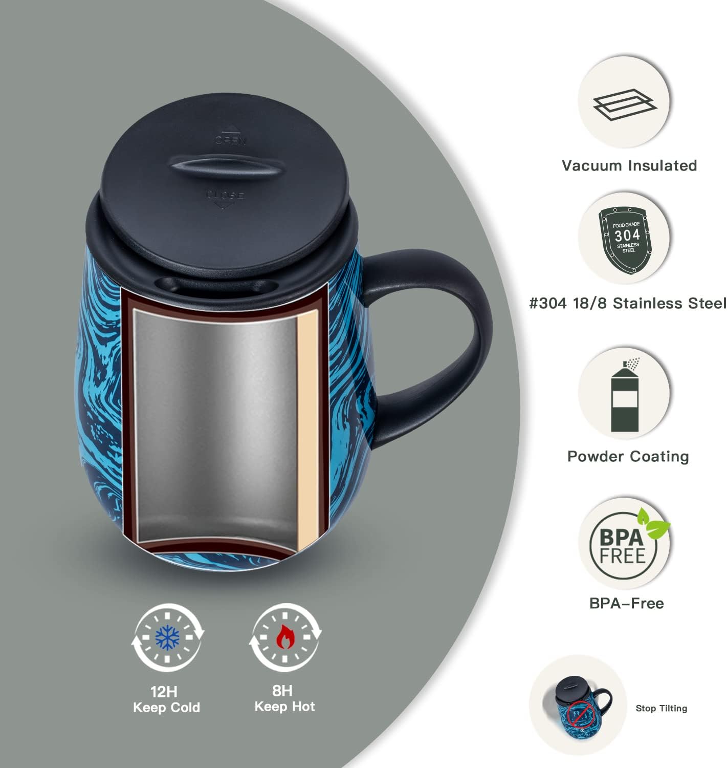 Ideus 16 oz Insulated Coffee Mug with Handle and Lid, Double Wall Stainless Steel Vacuum Thermal Coffee Mug, Travel Coffee Cup Thermal Cup for Home and Office, Blue Zebra