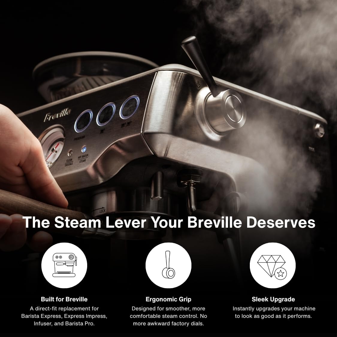 Crema Coffee Products Replacement Steam Lever for Breville Espresso Machines | Ergonomic Stainless Steel Design | Compatible with Barista Express, Infuser, Barista Pro | Easy Grip | Silver Finish