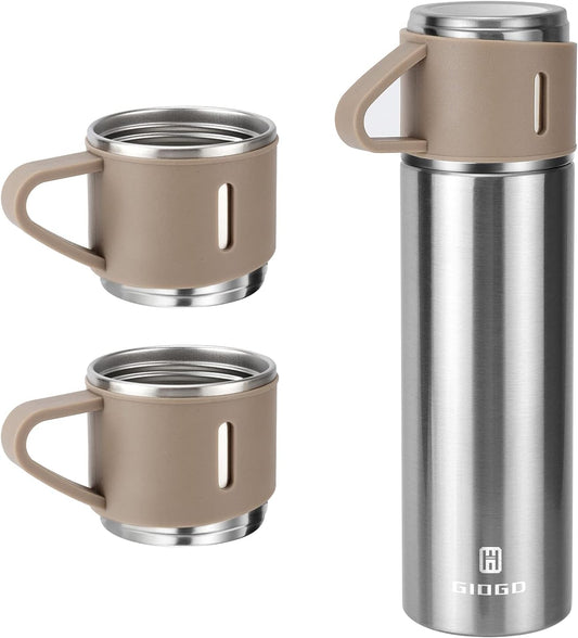 Stainless Steel Thermo 500ml/16.9oz Vacuum Insulated Bottle with Cup for Coffee Hot drink and Cold drink water flask.(Brown,Set)