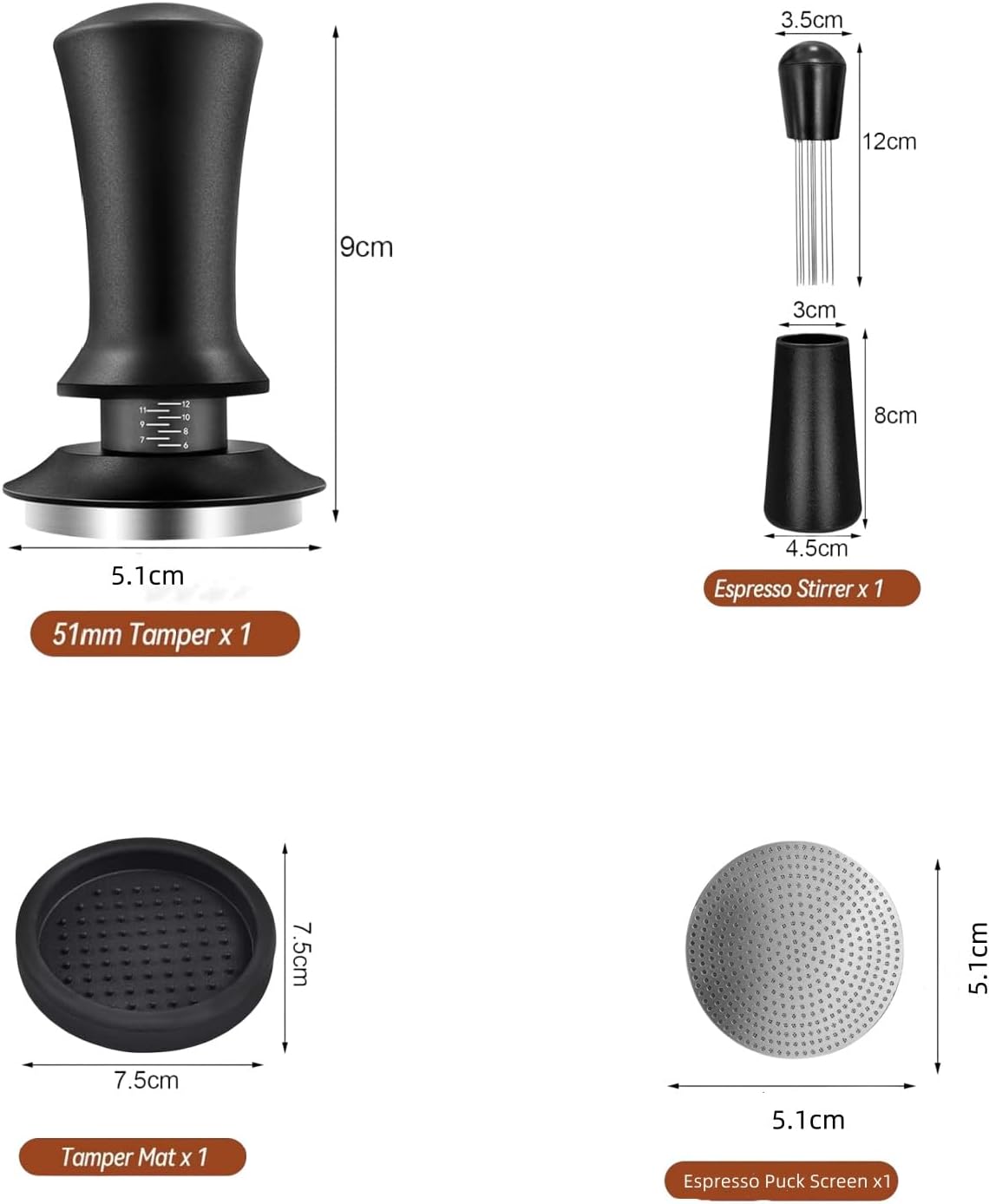 Gmnuiy51mm Coffee Espresso Tamper ，with Stainless Steel Base Tamper ，Silicone Tamper Mat,Black Espresso Distribution Tool， Coffee puck screen