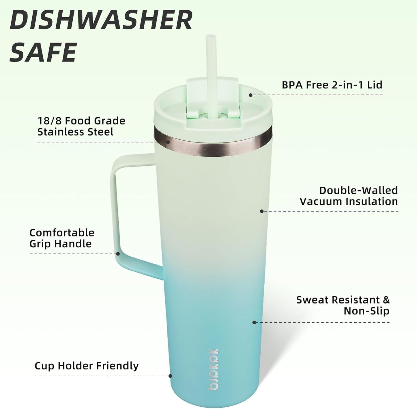 BJPKPK Insulated Tumbler with Handle, 30oz Insulated Tumblers with Lid and Straw, Stainless Steel Metal Water Bottles, Coffee Travel Mugs, Cups, Mint