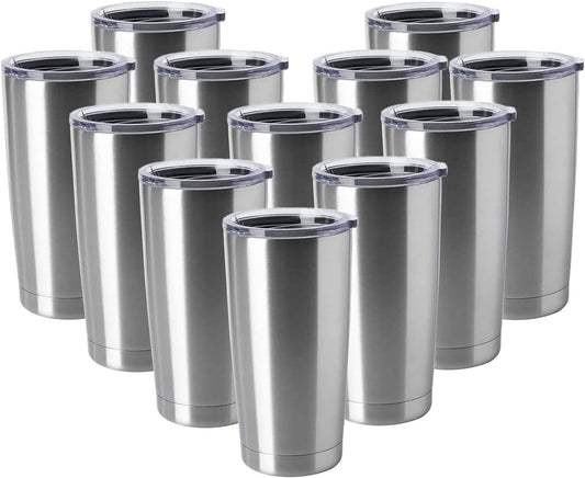 HASLE OUTFITTERS 20oz Tumblers Stainless Steel Mugs with Lid Double Wall Vacuum Insulated Coffee Cups for Cold & Hot Drinks (20oz-Stainless Steel, 12 Pack)