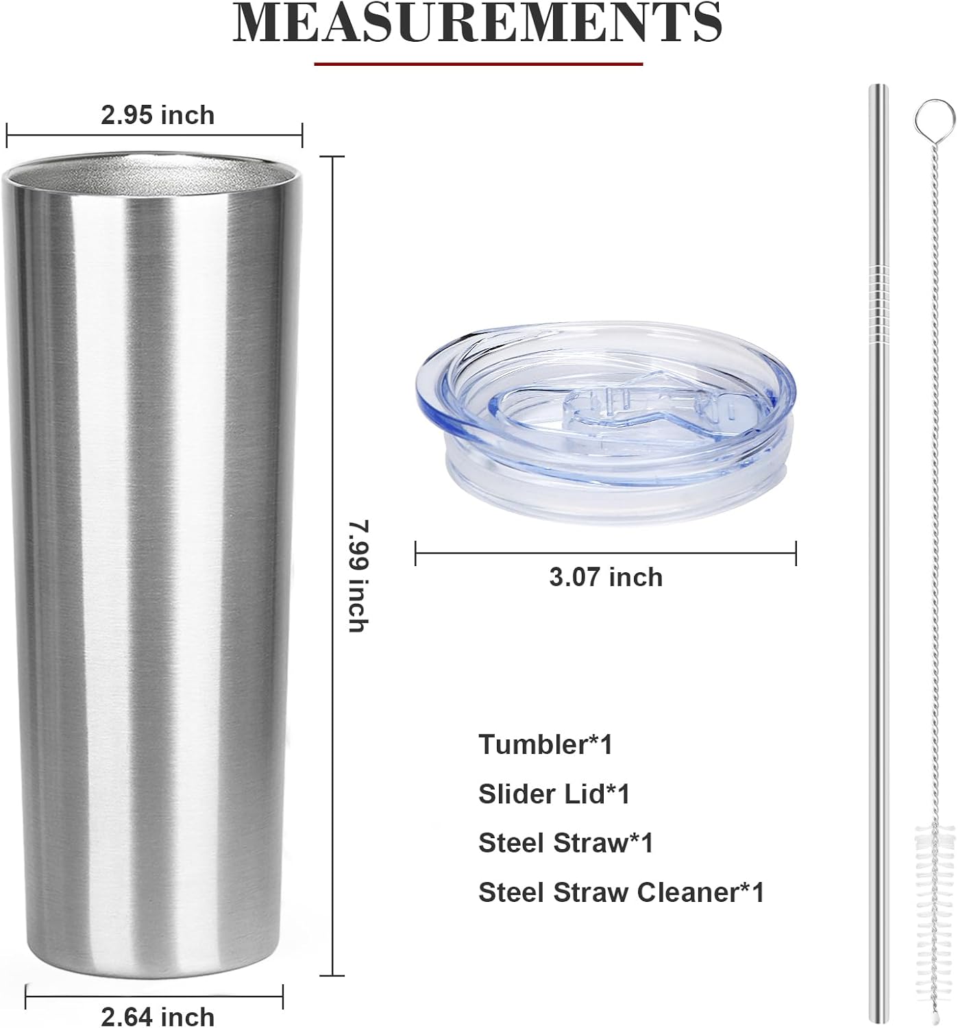 20 oz Skinny Tumbler with Lid and Straw,Stainless Steel Vacuum Insulated Tumbler Cup Double Wall Leak-proof Coffee Mug,Travel Thermal Water Tumbler for Office,Outdoor(Silver,1)