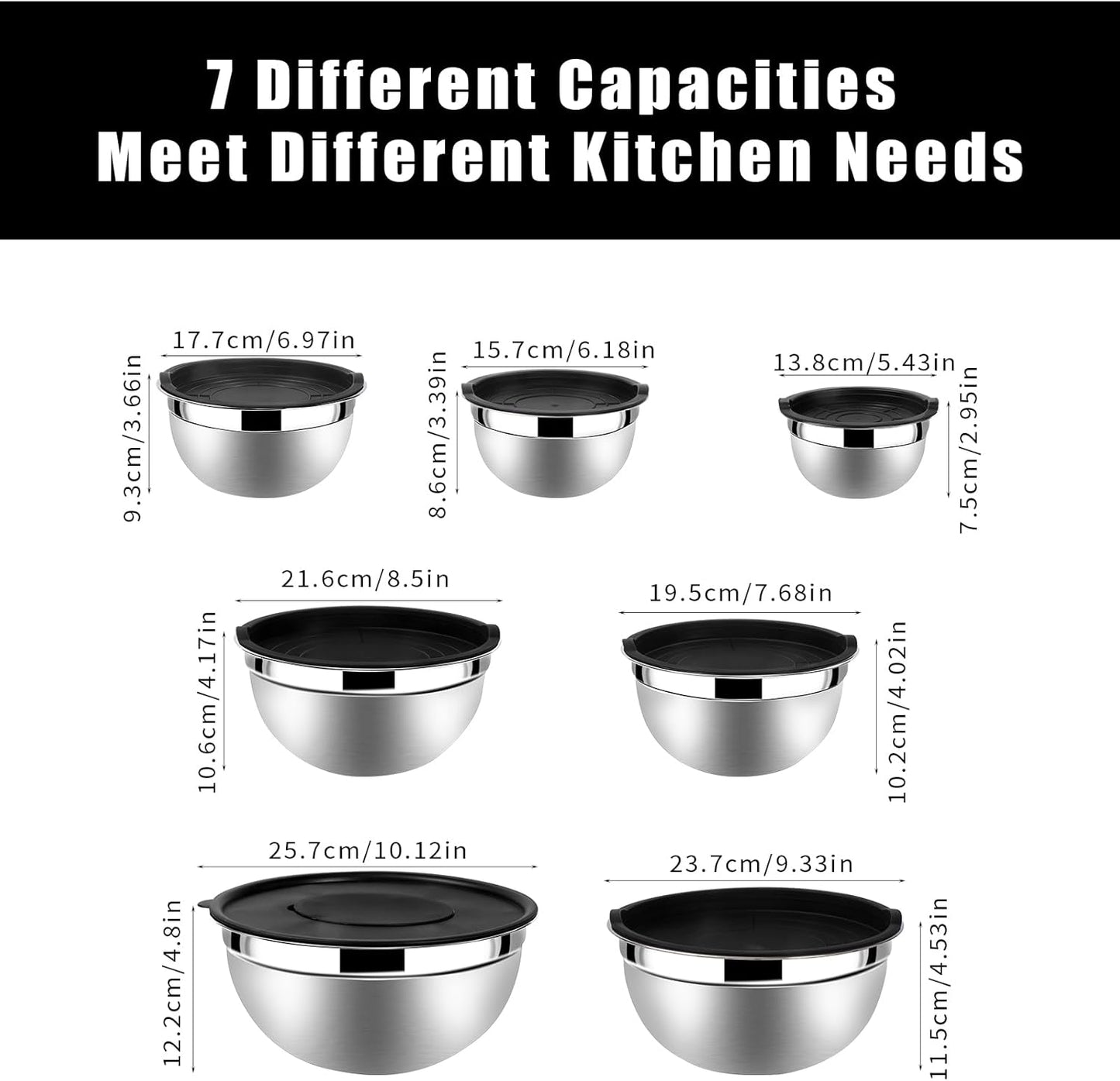 Lazycorner Stainless Steel Mixing Bowls with Airtight Lids Set of 7 Stainless Steel Bowls Set with 3 Grater Attachments Great for Serving & Baking