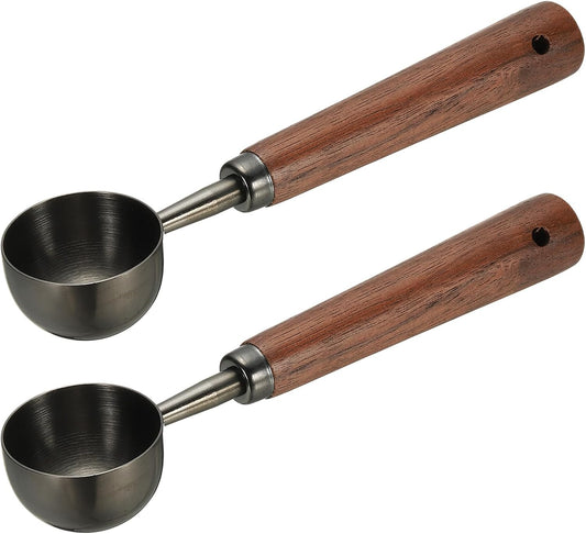 uxcell 2pcs Coffee Measuring Spoon, 4" x 0.8" 15ml Stainless Steel Coffee Scoop with Wood Handle for Ground Coffee or Loose Leaf Tea Black