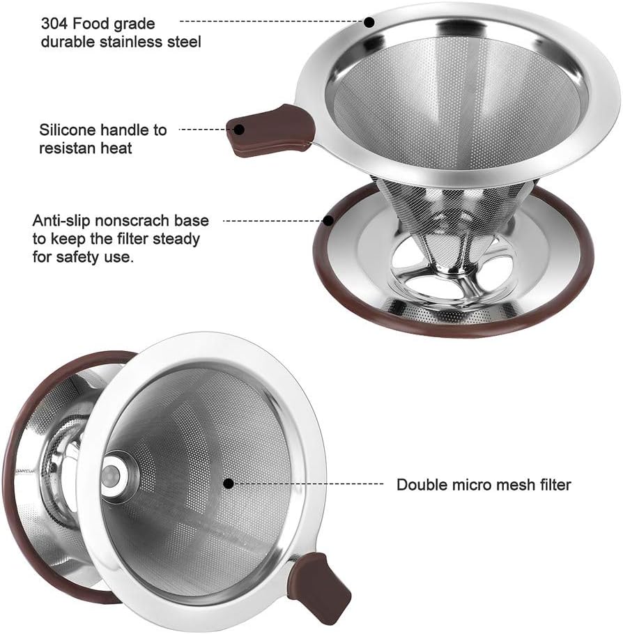 Pour Over Coffee Dripper, Reusable Paperless Coffee Filter,Professional Stainless Steel Drip Cone Brew Coffee Strainer,Upgraded Double Micro Mesh Filter with Cup Stand,1-2 Cup